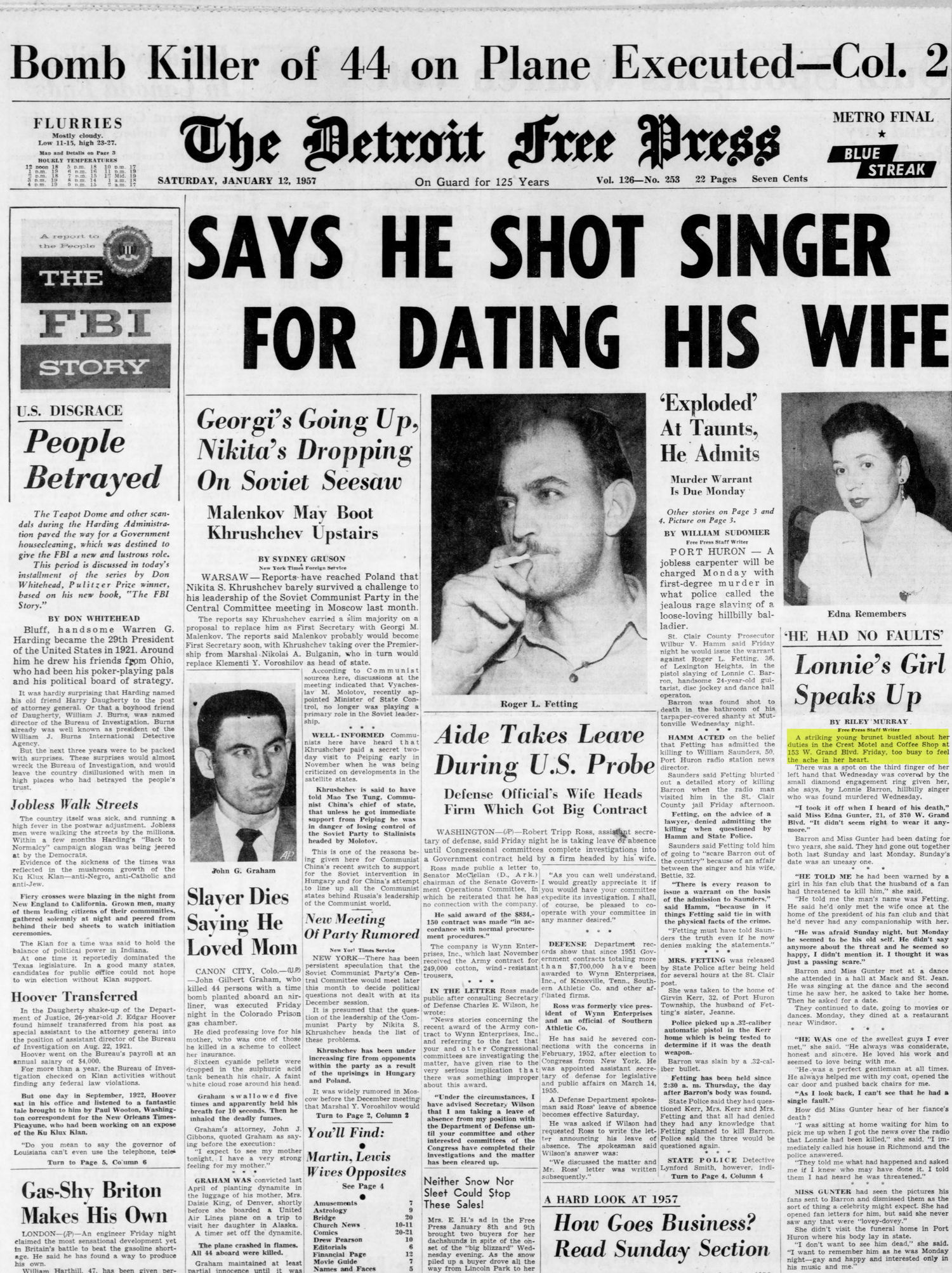 Crest Motel - Sat Jan 12 1957 Article On Murder